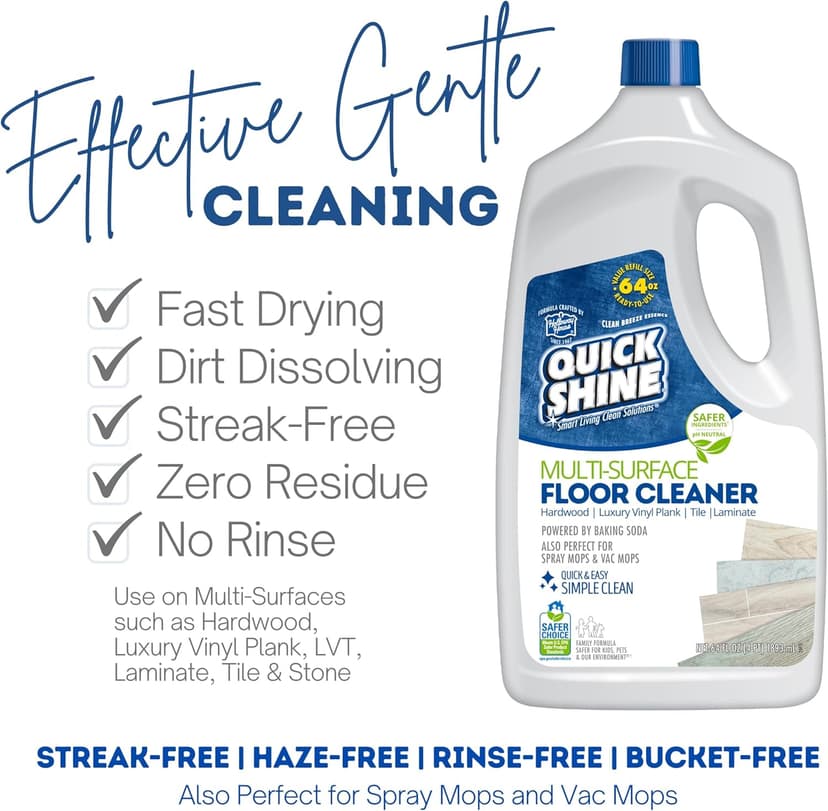 Quick Shine Multi Surface Floor Cleaner 64oz, 2Pk | Ready to Use-Streak Free- No Rinse | Use on Hardwood, Laminate, Luxury Vinyl Plank & Stone | Use in Spray Mops & Vac Mops | Safer Choice Cleaner
