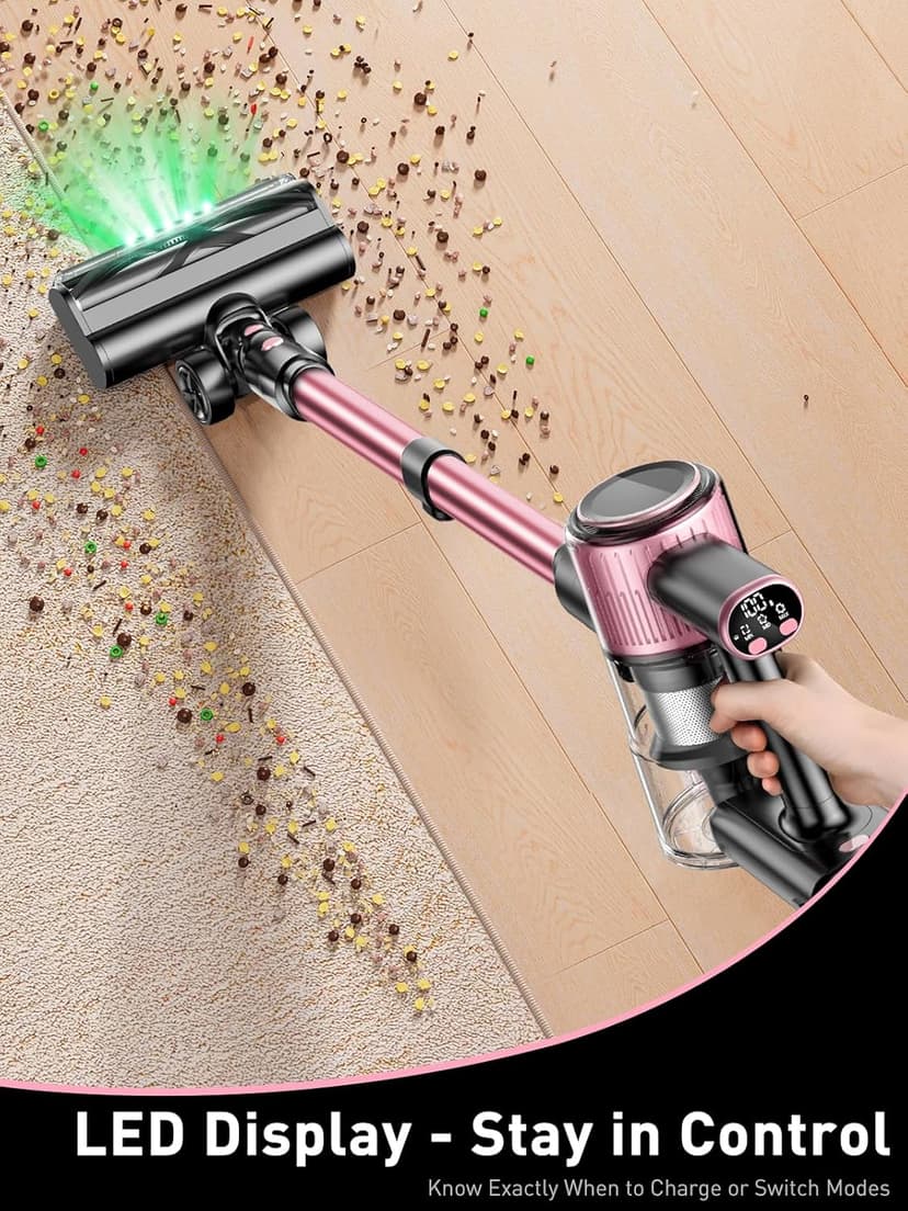 Cordless Vacuum Cleaner, 10-in-1 Vacuum Cleaners for Home with 28.75 in Hose, LED Display, Anti-Tangle Brush, Lightweight Stick Vacuums for Carpet, Pet Hair, Hardwood Floors, Dryer (Pink)