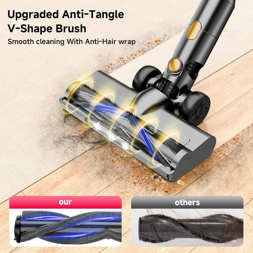 Cordless Vacuum Cleaner, 8 in 1 Powerful Stick Vacuum with 45min Runtime, Anti-Tangle Vacuum Cleaners for Home, Lightweight Handheld Wireless Vacuum for Hardwood Floor Carpet pet Hair, Gold