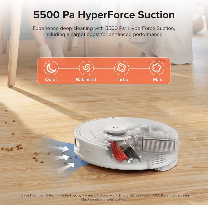 roborock Q8 Max+ Robot Vacuum and Mop, Self-Emptying, Hands-Free Cleaning for up to 7 Weeks, Reactive Tech Obstacle Avoidance, 5500 Pa Suction, DuoRoller Brush, APP-Controlled Mopping, White