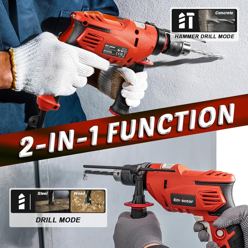 Enventor 7.5 Amp Hammer Drill, 1/2 Inch Electric Drill Hammer, 900W 0-3000RPM Variable Speed, 360° Auxiliary Handle, Lightweight Corded Hammer & Drill 2 in 1 Functions with 9pcs Bit for Metal, Wood