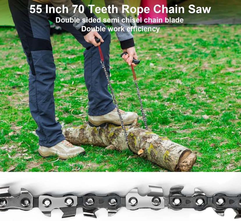 Rope Saw for Tree Limbs, 55 Inch Chain Saw with 70 Sharp Teeth & 46 Feet Ropes Kit, High Limb Pocket Chainsaw