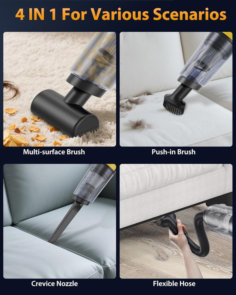 Handheld Vacuum Cordless 1.1 Pounds Car Vac 10000PA Hand Held Vacuums 4-in-1 Hand Vac Cordless Rechargeable HEPA Filter Large Capacity Dust Cup for Car Office Home Pets Hair (Yellow＆Black)