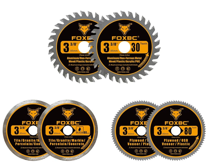 FOXBC 3-3/8 Inch Compact Circular Saw Blade Set, 15mm Arbor, Multi-Material Cut for Wood, Plastic, Metal, Tile Cutting - 6 Pack