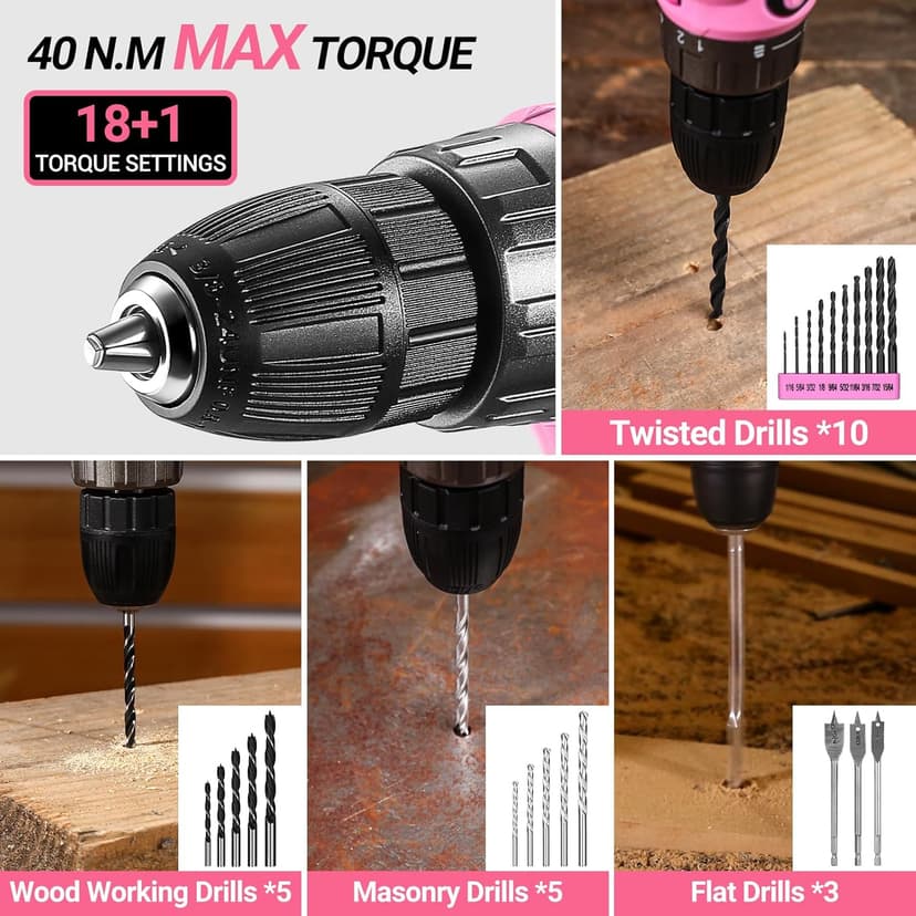 DEKOPRO Pink Drill Tool Kit Set: 20V Cordless Power Drill Tool Box with Battery Electric Drill Driver for Men Home Hand Repair Basic Toolbox Tools Sets Drills Case, DKMT186-GP