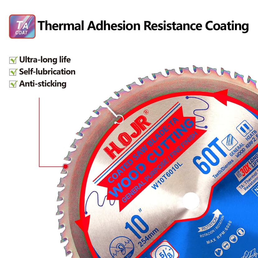 Circular Saw Blades Woodworking TA Series,10" 60-Tooth 5/8" Arbor, for Laminate, Melamine Board, Special Anti-Thermal Adhesion Coating on Cutting Edges -TA,High Finish,Long Life,W10 60T TA
