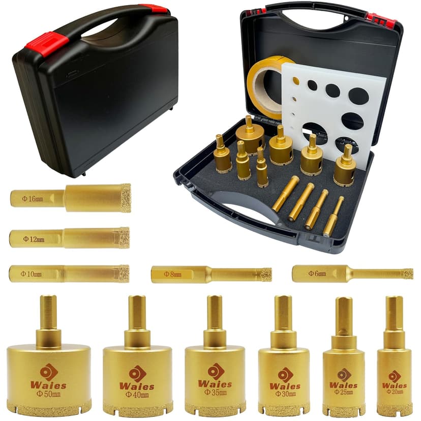 13 Packs Diamond Hole Saw Drill Bit Kit Wet/Dry - Serrated Brazed Core Set with Guide Jig for Ceramic, Glass, Tile, Marble, Granite, Gypsum (6mm-50mm)