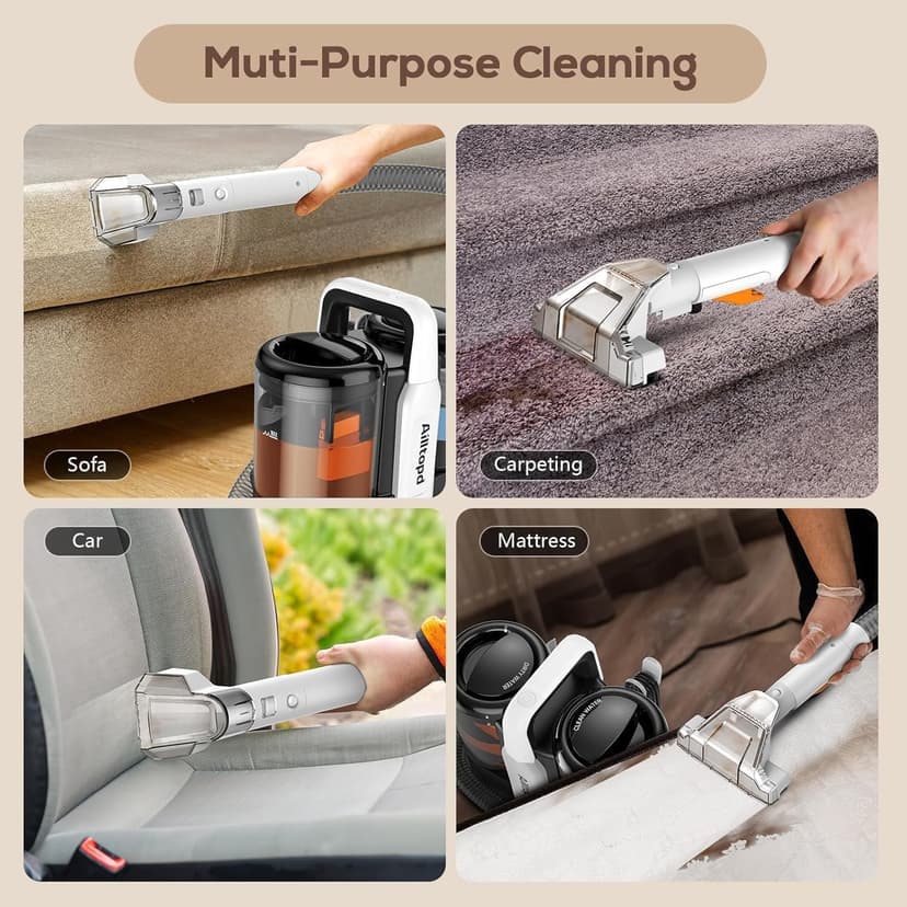 Upholstery Cleaner Machine, Powerful Suction & Portable Spot Remover, Deep Stain Cleaning for Carpet, Pets, Stairs, Car Seat, Couch, with Dual Size BrushHead and Cleaning Solutions