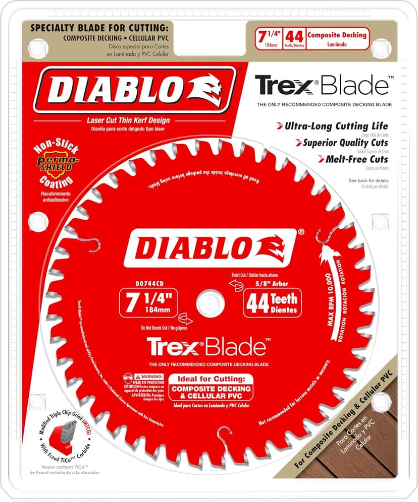 Diablo TrexBlade Saw Blade for Composites and Plastic - 7-1/4" Diameter, 44 MTCG Teeth, 5/8" Arbor, .065" Kerf, -3° Hook Angle, .040" Plate, 10000 Max RPM - D0744CD