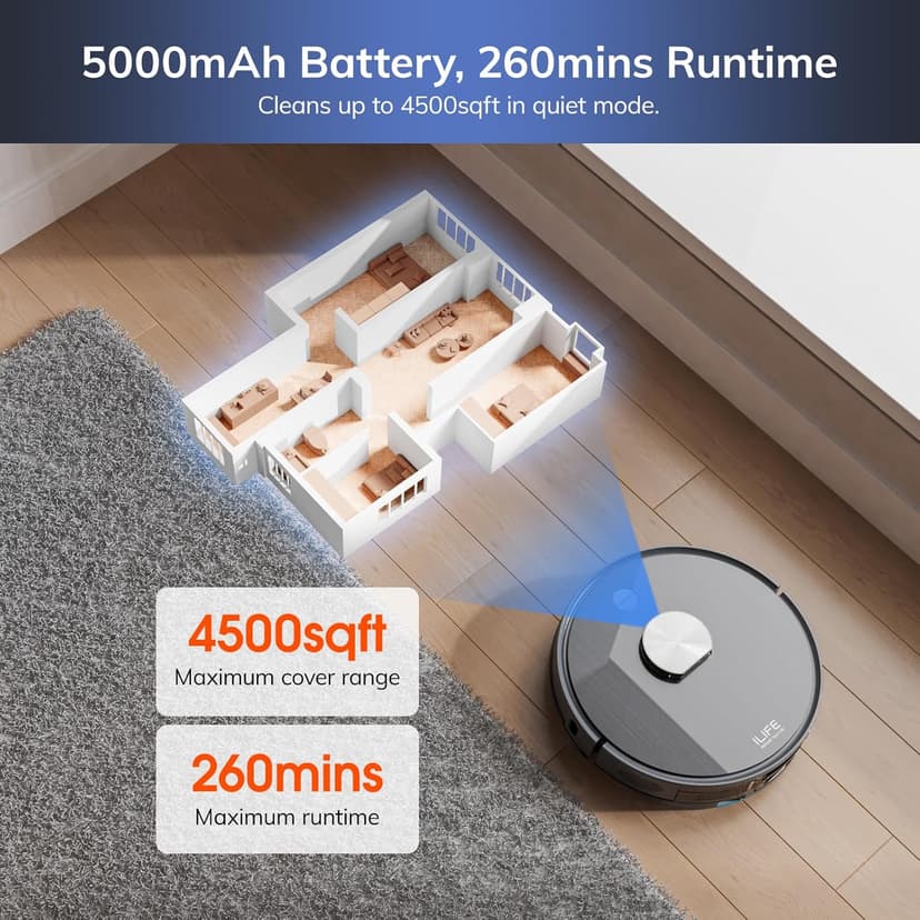 ILIFE T20s Self-Emptying Robot Vacuum and Mop Combo, 5000Pa Suction, 70-Day Capacity, LiDAR Navigation, 260mins Runtime, App/Alexa Control, Robotic Vacuum Cleaner for Hard Floors, Carpets and Pet Hair