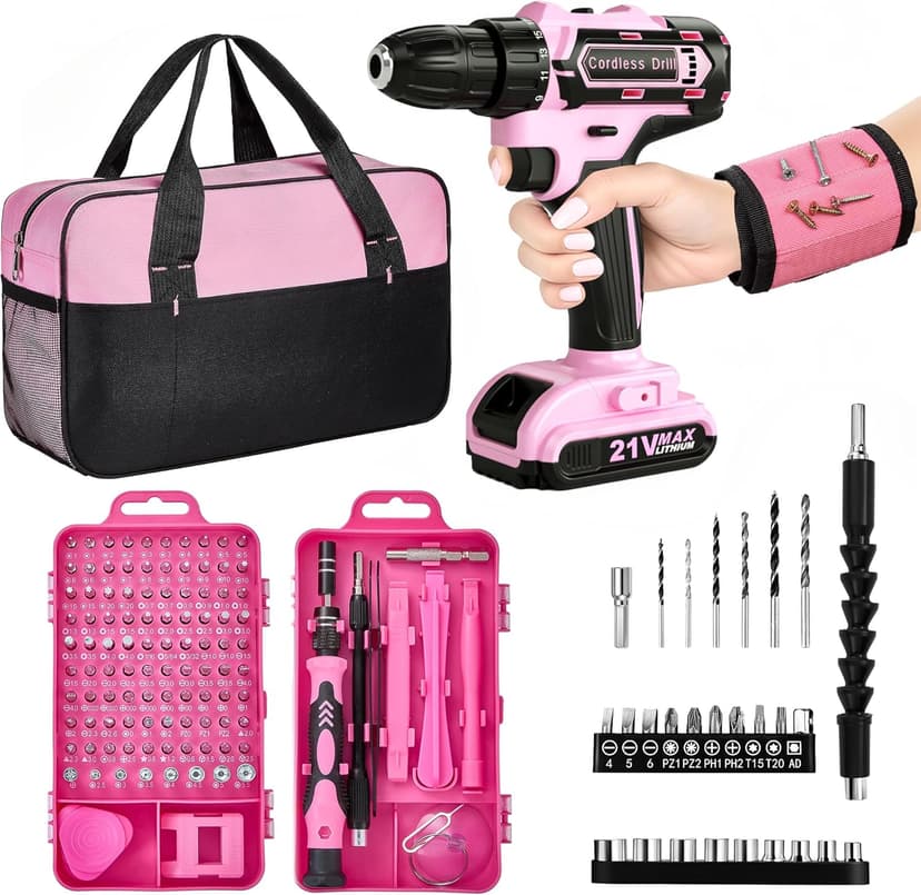Pink Cordless Drill Set 142 Pcs, 21V Pink Power Drill Tool Set Kit with Storage Bag, Electric Drill Set for Women, Precision Screwdriver set, Magnetic Wristband, for Home DIY Projects