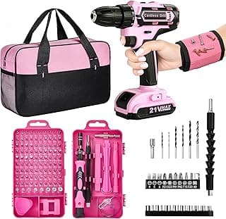 Pink Cordless Drill Set 142 Pcs, 21V Pink Power Drill Tool Set Kit with Storage Bag, Electric Drill Set for Women, Precision Screwdriver set, Magnetic Wristband, for Home DIY Projects