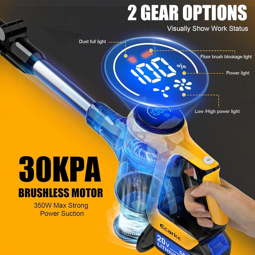 Cordless Stick Vacuum Cleaner Compatible with DeWalt Battery, 350W Brushless Motor, 30KPa Suction, 6-in-1 180° Bendable Wand, Smart Screen 2x5AH Batteries & Charger – Hardwood Floors