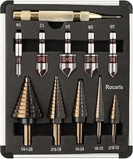Rocaris 5 Pack Step Drill Bit & 5 Pack Countersink Drill Bit Set, Titanium Coated, 50 Sizes of Step Bit for Metal with Aluminum Case, Multiple Hole Stepped Up Bits for DIY