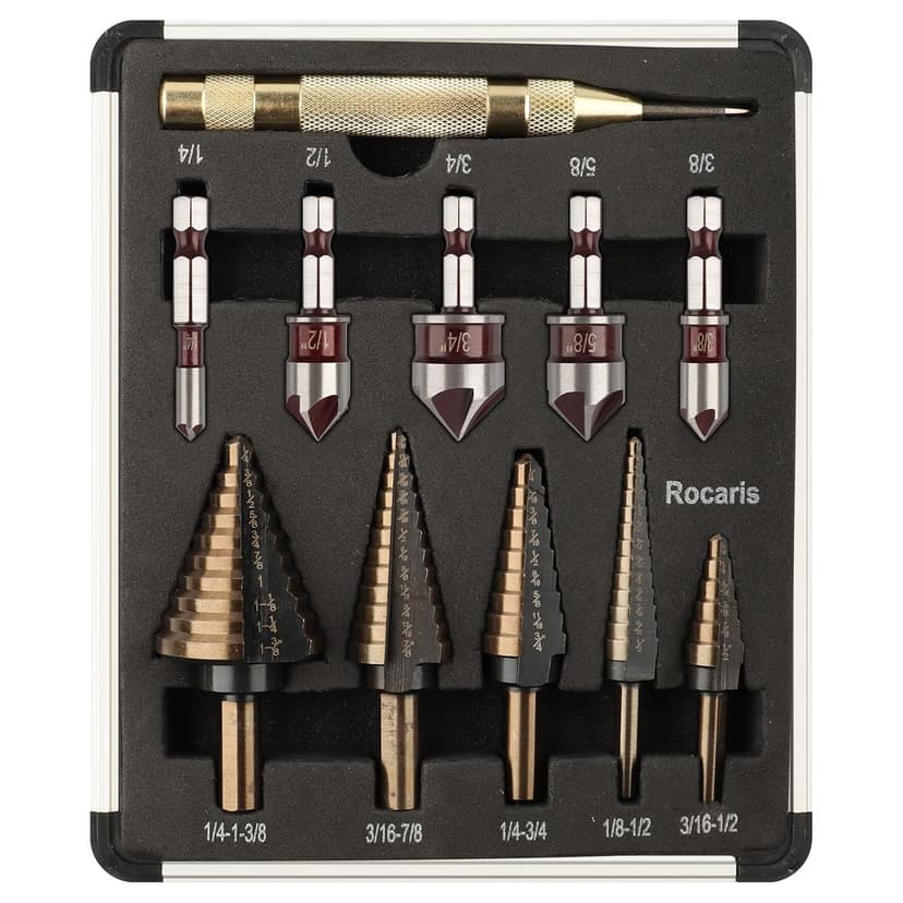 Rocaris 5 Pack Step Drill Bit & 5 Pack Countersink Drill Bit Set, Titanium Coated, 50 Sizes of Step Bit for Metal with Aluminum Case, Multiple Hole Stepped Up Bits for DIY
