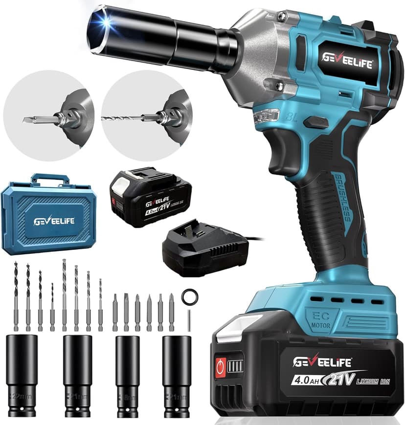 GEVEELIFE 450N.m/332Ft-lbs Brushless Impact Wrench,1/2" Cordless Impact Gun with 4.0Ah Battery & 6 Sockets, Electric Impact Driver for Car/DIY Furniture/Lawn Mower/blue (450N)
