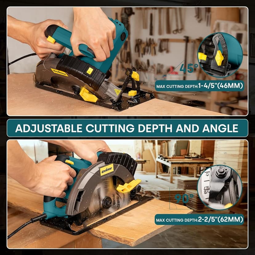 Enventor Circular Saw Corded, 14A Electric Circular Saws 7-1/4-Inch with Laser Guide, 2 Blade Saws (40T/24T), Max Cutting Depth 2-7/16"(90°), 1-13/16"(0°-45°), Single Handed Bevel, 5500RPM, Blue