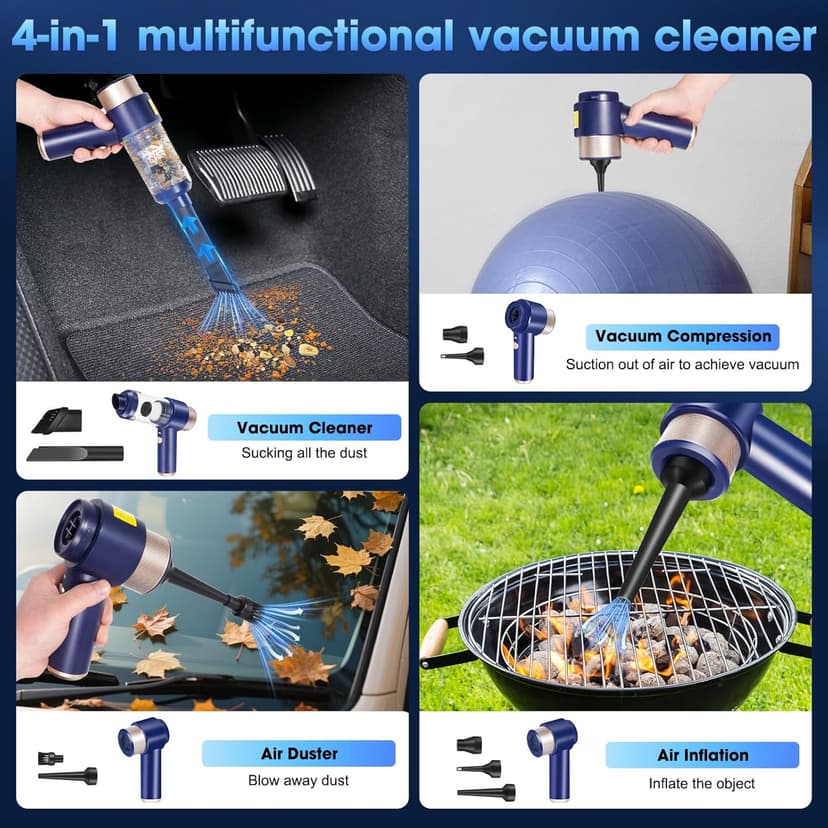 Handheld Car Vacuum Cleaner Rechargeable Mini Vacuum Cleaner with Led 4-in-1 Aspiradora para Carro High Power Hand Held Vacuum Portable Cordless for Car, Home, Pet, Office（Blue）