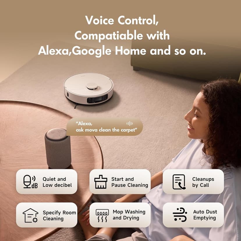 Mova P10 Ultra Robot Vacuum and Mop 8,300Pa Suction 140°F Hot Water Auto Mop Washing & Drying, Dual Spinning Extenable Clean, 10.5mm Lifting for Carpet, 360°Obstacle Avoidance, App Control
