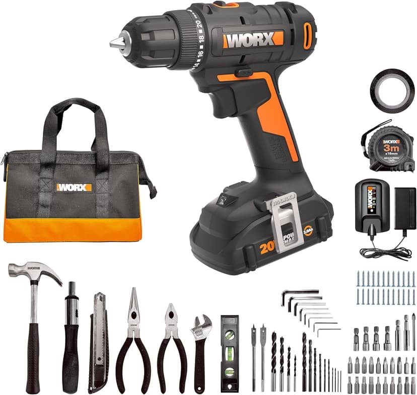 Worx 20V Cordless Drill Driver, 84pc Accessory Kit, Variable 2-Speed, 265 In-Lbs Torque, 20+1 Clutch, Lightweight, Compact, 3/8-Inch Keyless Chuck - Battery & Charger Included