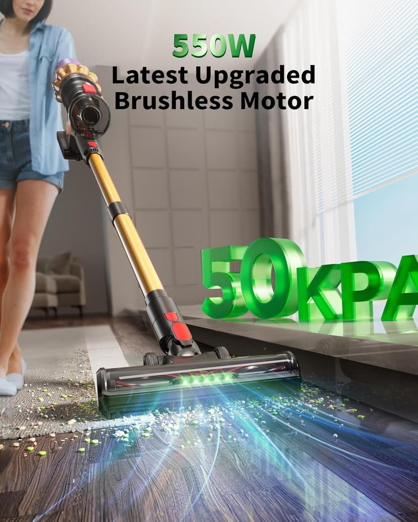Cordless Vacuum Cleaner, Upgraded 550W 50KPA 60Mins, Vacuum Cleaners for Home, Self-Standing Cordless Vacuum with Brushless Motor, Green Dust Revealing Lamp for Sofa/Pet Hair/Hard Floors/Carpet