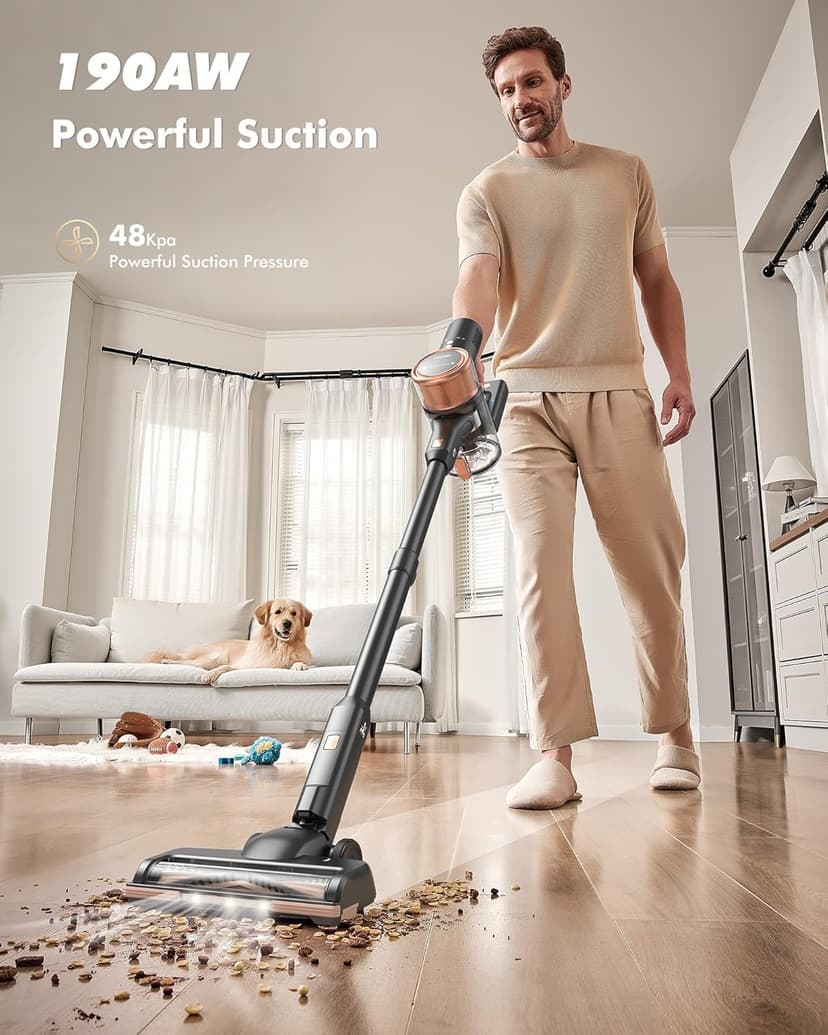 48kPA Cordless Vacuum Cleaner, 190AW Powerful Suction, Max 60min Runtime, 4000mAh Large Battery, Anti Hair Wrap Stick Vacuum, Vacuum Cleaners for Home, Pet Hair, Hard Floors and Carpets, Cars