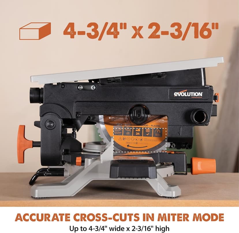 Evolution R8MTS | 8-1/4” Convertible Miter/Table Saw | Multi-Function Saw | 0-45° Bevel & +/- 45° Miter | Multi-Material Cutting: Wood, Plastic, Metal | Compact, Powerful 12A Motor | TCT Blade Incl