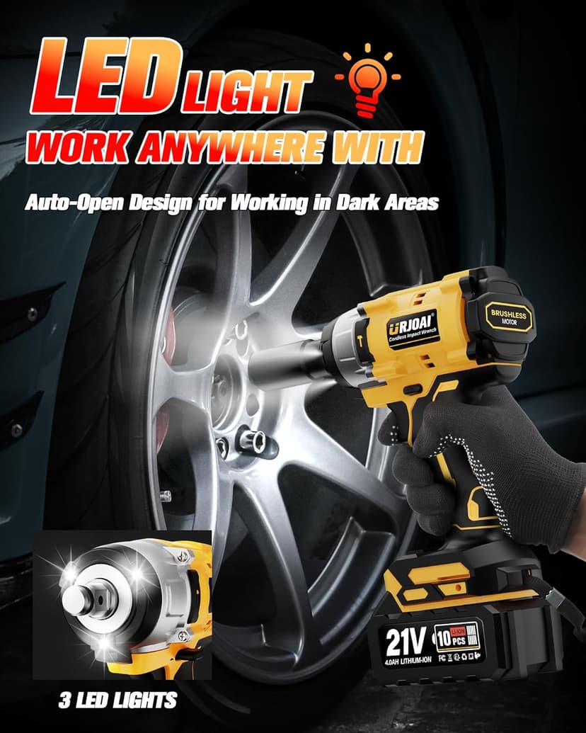 Cordless Impact Wrench - 590Ft-lbs (800N.m) Brushless 1/2 inch, 3300RPM High Torque Impact Gun, 2x 4.0Ah Battery, Charger & 7 Sockets, Electric Impact Wrench for Car Home