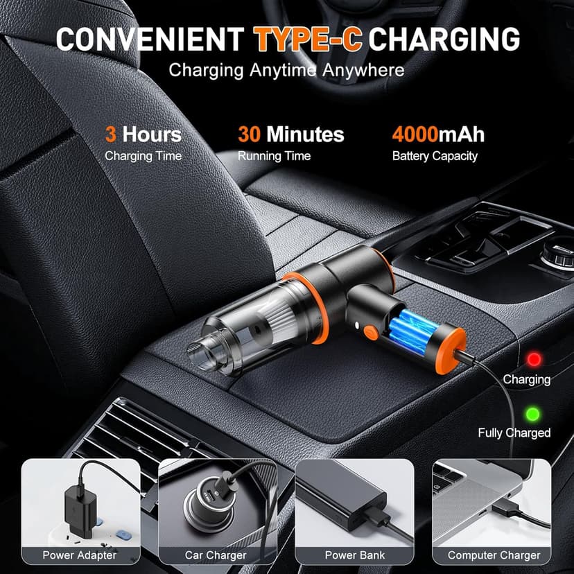 KMM Handheld Car Vacuum Cleaner, 11000PA Vacuum Cleaner & Air Duster, 120W High Power Vacuum Portable Cordless, Hand Held Vacuum Rechargeable with Multi-Nozzles & LED Light for Home, Car, Office