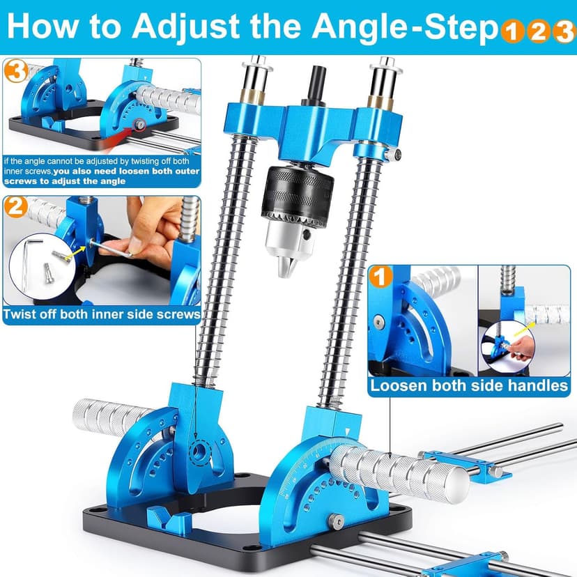 Portable Drill Guide, Multi Angle Drill Guide for Straight Holes, Self-Centering Pins, Drilling Jig w/Chuck & Key, Adjustable Angle from 0° to 60°, Chuck Clamping Range for 1/16-1/2" (1.5-13mm)