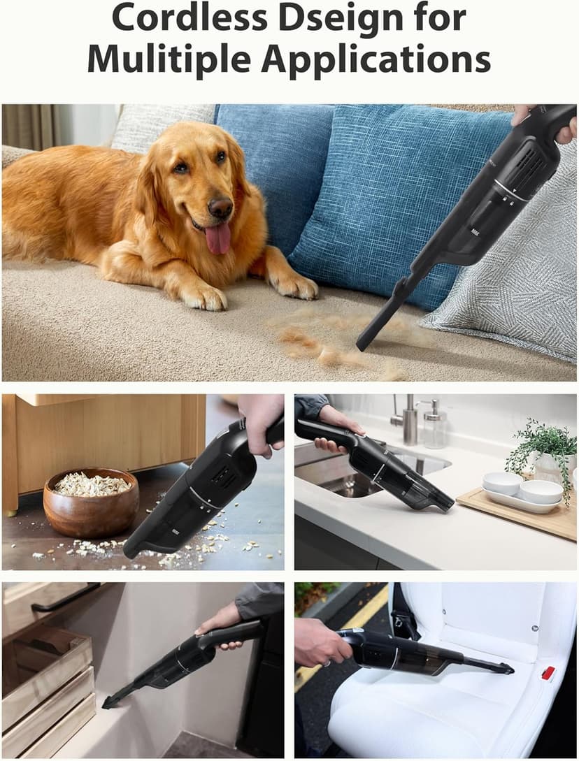 Handheld Vacuum Cordless,15KPA Powerful Car Vacuum,Last 30 Minutes,Rechargeable+Charging Base,500ML Detachable Dust Cup,1.4lb Lightweight,2-in-1 Cleaning Brush,Clean Kitchen,pet Hair,car,Black