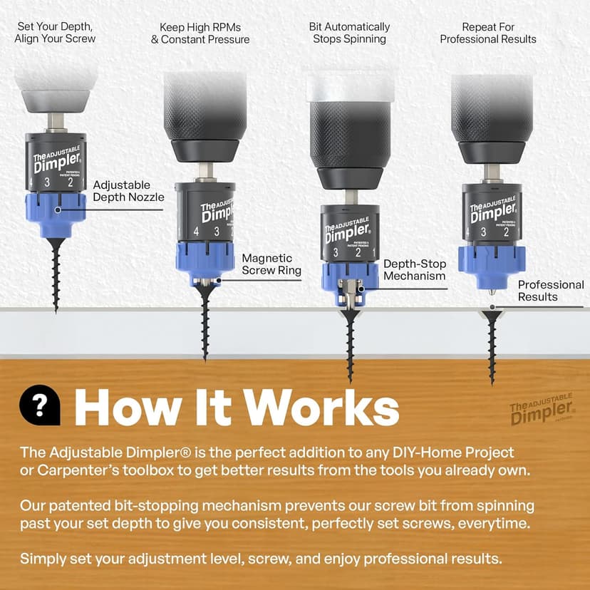 Adjustable DIMPLER ® - Drywall Bit & Screw Gun Attachment, Converts Drill into Drywall Screw Gun or Deck Screwdriver, Magnetic Bit Holder for Fast, Accurate Installation