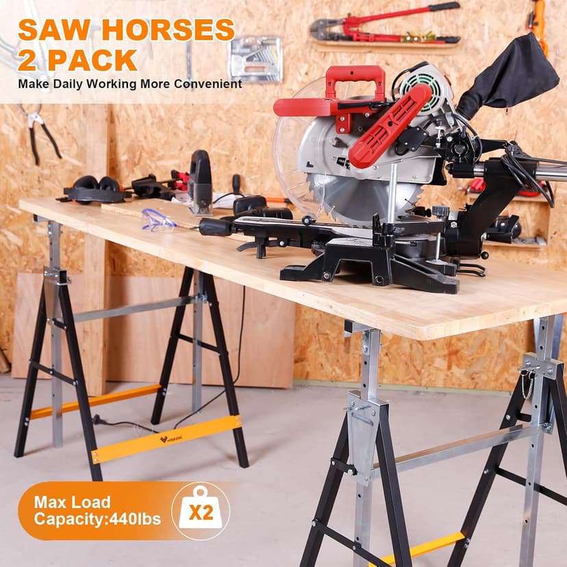 Metal Saw Horses 2 pack Folding Heavy Duty 880 lbs Load Capacity Saw Horse Adjustable 7 Level Height for Woodworking