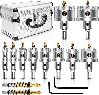 ASNOMY 12PCS TCT Hole Saw Kit for Hard Metal, 5/8"-2-1/8" Inch Tungsten Carbide Tipped Hole Cutter Set with Titanium-Plated Pilot Drill bit for Metal, Stainless Steel, Iron, Wood, Plastic