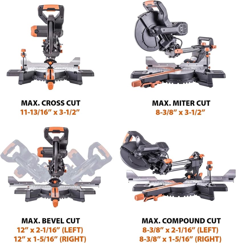 Evolution Power Tools R255SMS-DB+ 10-Inch Dual Bevel Sliding Miter Saw Multi-Material, Multipurpose Cutting Cuts Metal, Plastic, Wood 45˚-45˚ Double Bevel & 50˚-50˚ Miter TCT Blade Included