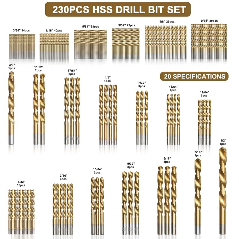 BeHappy 230 Pcs Drill Bit Set, 135° Tip Titanium Coated High Speed Steel, Twist Drill Bit Kit for Iron, Aluminum Alloy, Copper, Wood, Plastic, with Hard Storage(/16“-1/2”