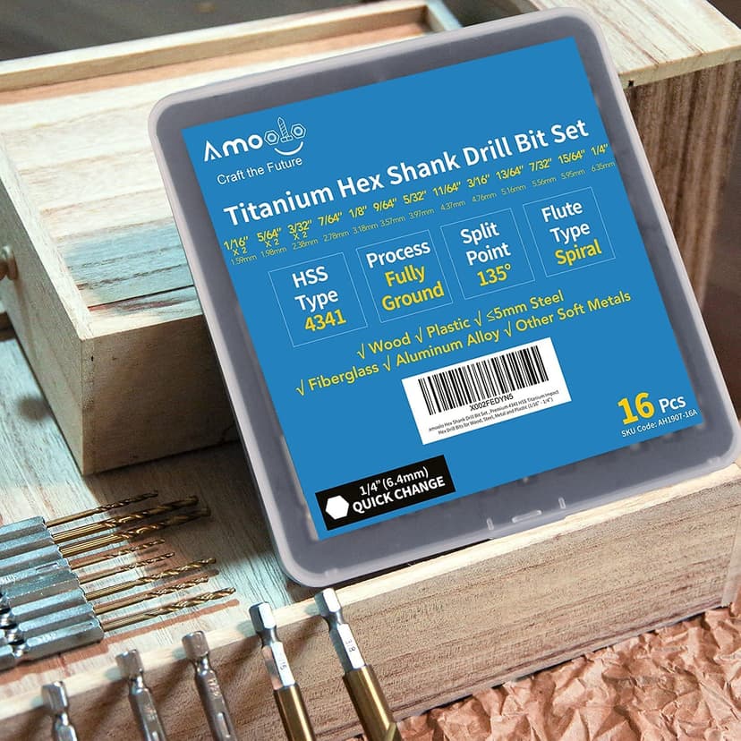 amoolo Hex Shank Drill Bit Set (13Pcs Set+3 Pcs Free), Premium 4341 HSS Titanium Impact Hex Drill Bits for Wood, Steel, Metal, Plastic, Quick Change Design (1/16 -1/4 )