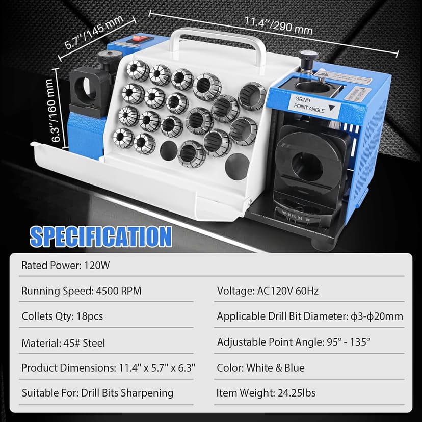 Drill Bits Sharpener, 3-20mm Drill Bit Grinding Machine, Lip Relief Angle & 95°-135° Point Angle Adjustable Drill Bit Re-Sharpener, Portable Bits Sharpening Machine with 18 Collets, CBN & SDC Wheel