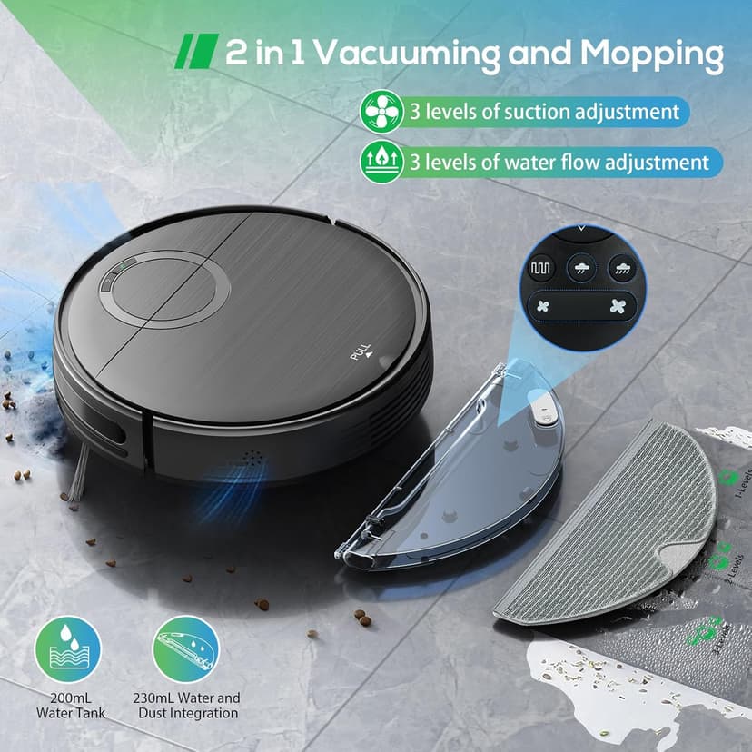 Robot Vacuum and Mop Combo, 2 in 1 Mopping Robot Vacuum Cleaner with 2000Pa Max Suction, Wi-Fi/App/Remote, Schedule, Self-Charging Slim Robotic Vacuum, Ideal for Pet Hair, Low-Pile Carpet, Hard Floor