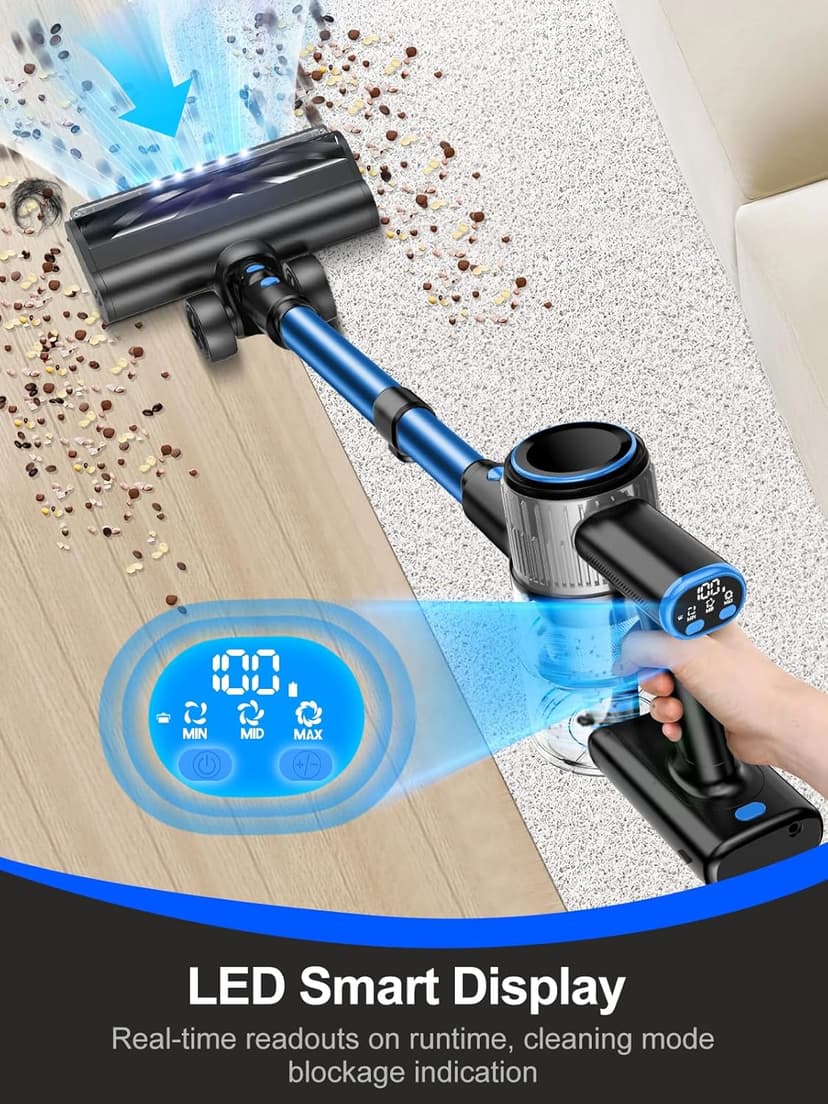Cordless Vacuum Cleaner, 8-in-1 Vacuum Cleaners for Home, 45Mins Runtime, Anti-Tangle Stick Vacuum with LED Display, Rechargeable Lightweight Vacuum for Pet Hair/Carpet/Floor