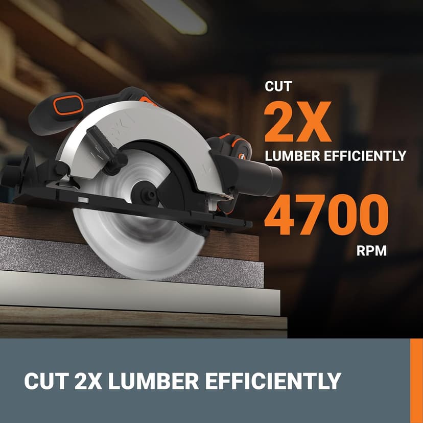 Worx 20V Cordless Electric Circular Saw 6-1/2'' Max. 2-3/16" Cutting Depth 4700 Rpm 0-50° Bevel Capacity 2.0 Ah Battery and Charger Included WX526L