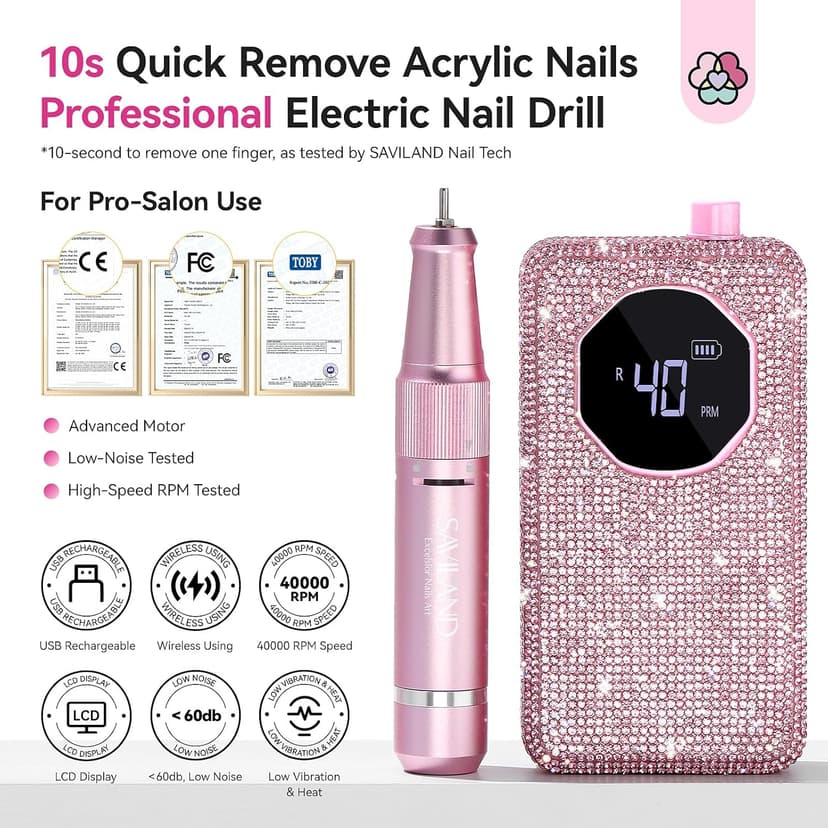 SAVILAND Professional Nail Drill 40000 RPM: Portable Diamond Nail Drill Kit Rechargeable 4000 mAh Electric Nail File for Thick Acrylic Nails with Ceramic Nail D rill Bits Sanding Bands Nail Tech Salon
