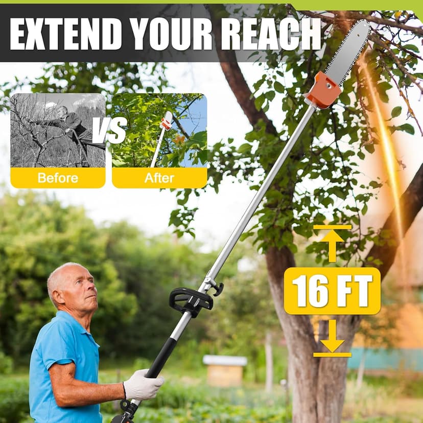 Gas Powered Pole Saw, 48cc 2-Cycle Gas Pole Saws for Tree Trimming with 11.5in Cutting Bar,16-FT Height Reachable Cordless Extension Chainsaw for Tree Trimming Bush Pruning Branch Cutting