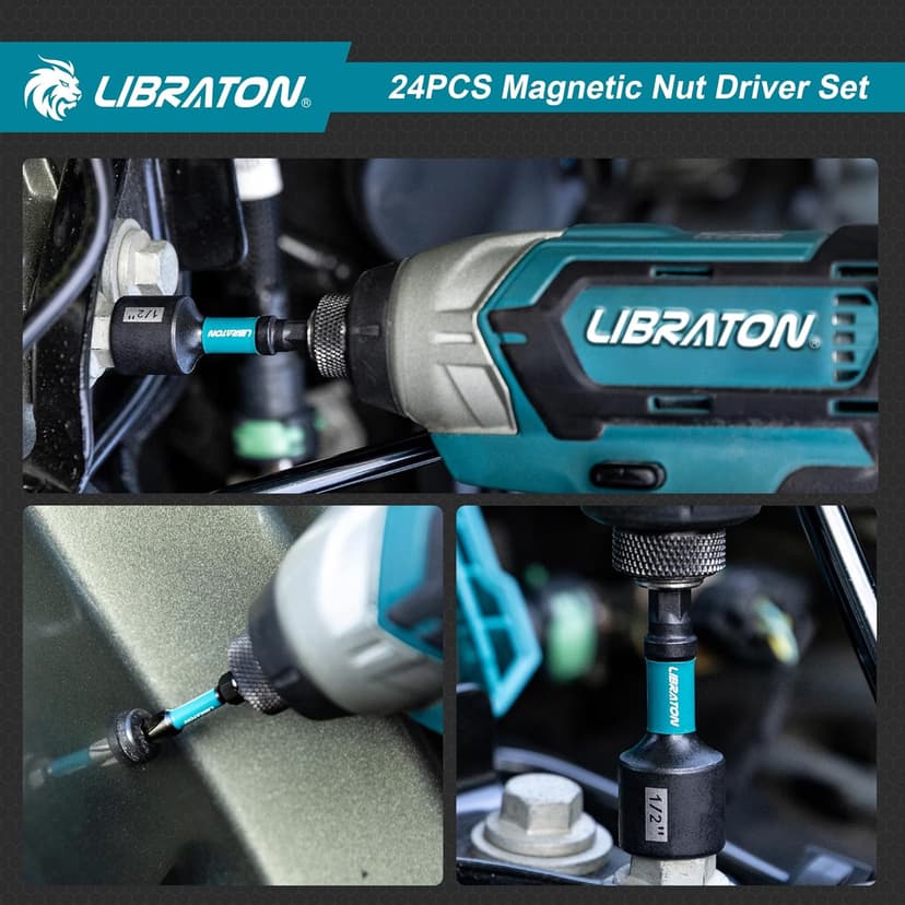 LIBRATON 24PCS Magnetic Nut Driver Set, Impact Drill Driver Bit Set 1/4", Metric and SAE Nut Drivers for Impact Drill, Impact Socket Adapters, Screwdriver Bits, Bit Holder, with Black Phosphating
