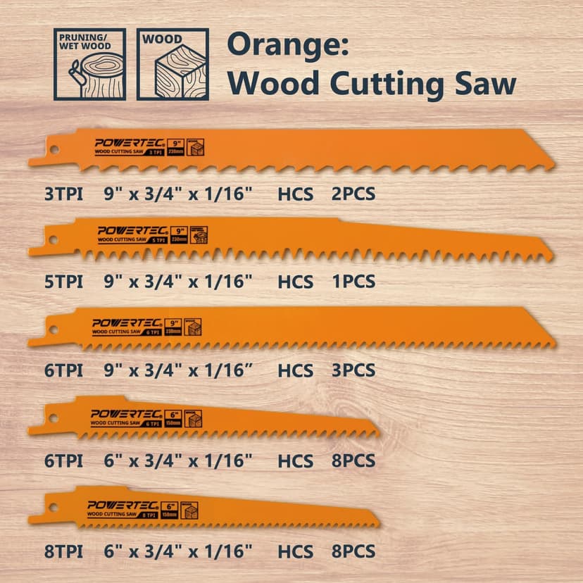 POWERTEC 32-Piece Reciprocating Saw Blades Set, Metal & Woodcutting Sawzall Blades Assortment with Organizer Pouch for Plumbing Work, Wood Pruning, Cutting Metal and Wood with Nails (14401)