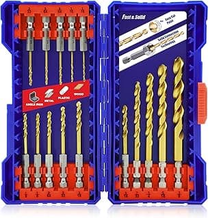 JEFE HEX 15 Pcs Hex Shank Drill Bit Set, HSS Impact Driver Bit Set for Metal, Quick Change Design, Titanium Twist Drill Bits for Steel, Aluminum, Copper, Plastic, Sizes from 1/16" to 3/8" DIY