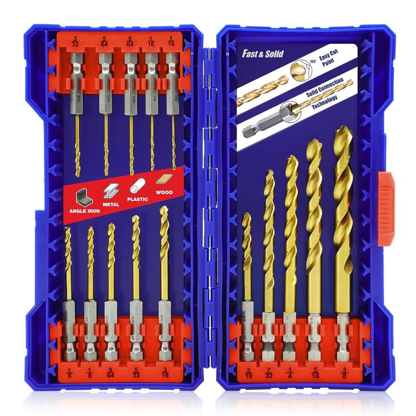 JEFE HEX 15 Pcs Hex Shank Drill Bit Set, HSS Impact Driver Bit Set for Metal, Quick Change Design, Titanium Twist Drill Bits for Steel, Aluminum, Copper, Plastic, Sizes from 1/16" to 3/8" DIY