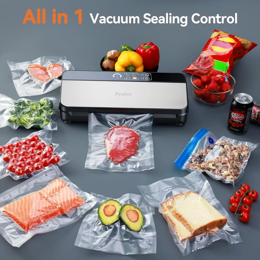 Vacuum Sealer Machine, Food Sealer Machine 80KPA Automatic 8-IN-1 for Food Saving Dry/Moist Mode with Build-in Cutter&Storage, Digital Countdown, Air Suction Hose, 2 Roll-Bags, 11 Vacuum Bags