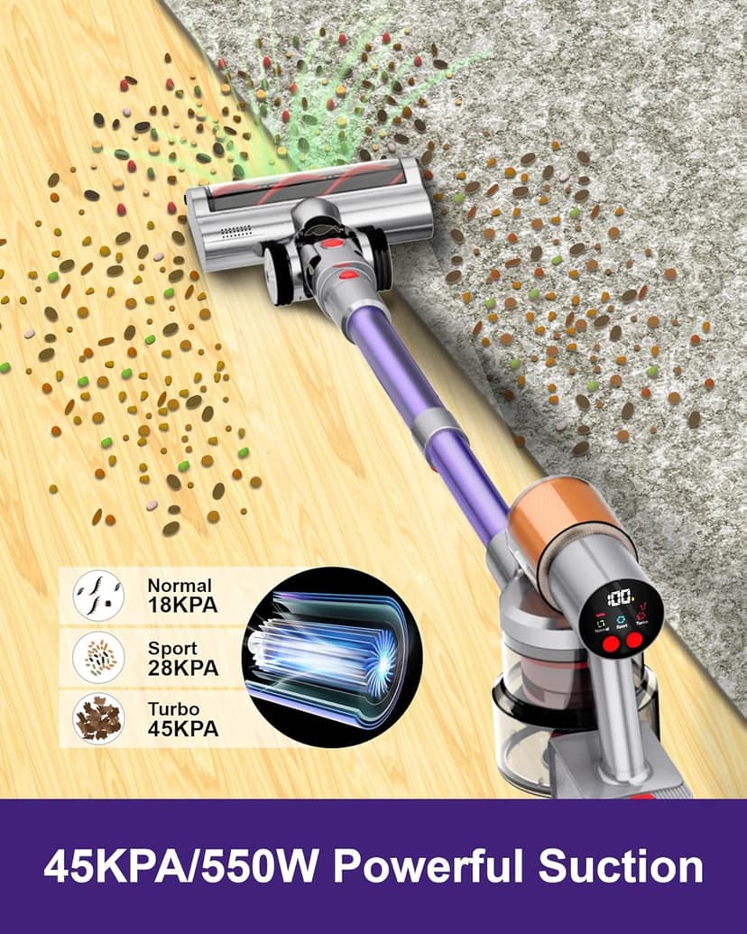 Cordless Vacuum Cleaner, 2 Batteries 120 Mins Runtime, 550W 45KPA Stick Vacuum with Self-Standing, Tangle-Free Brush, LED Display, Vacuum Cleaner for Home Hardwood Floor, Carpet, Pet Hair