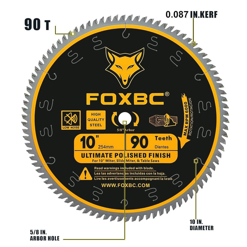 FOXBC 10 Inch Saw Blade 90-Teeth Ultimate Polished Finish Saw Blade for Wood, 5/8-Inch Arbor